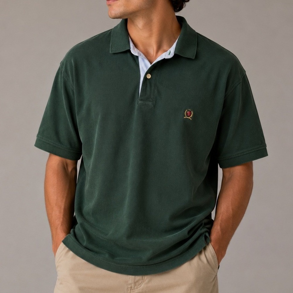 Tommy Hilfiger Mens Green Cotton Pique Crest Logo Polo Shirt Large